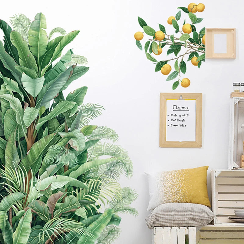 stickers muraux feuilles vertes bananier citronnier nature tropical adhésif salon enfant diy