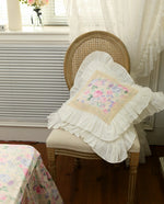 housses coussin fleur rose feuilles vertes vintage romantique opalescent adhésif rubans blancs coton carré