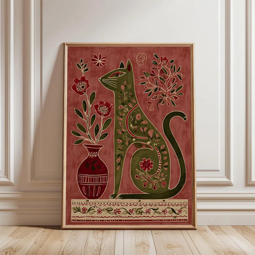tableau art naïf chat stylisé fleurs rouge vert beige floral rectangle vertical
