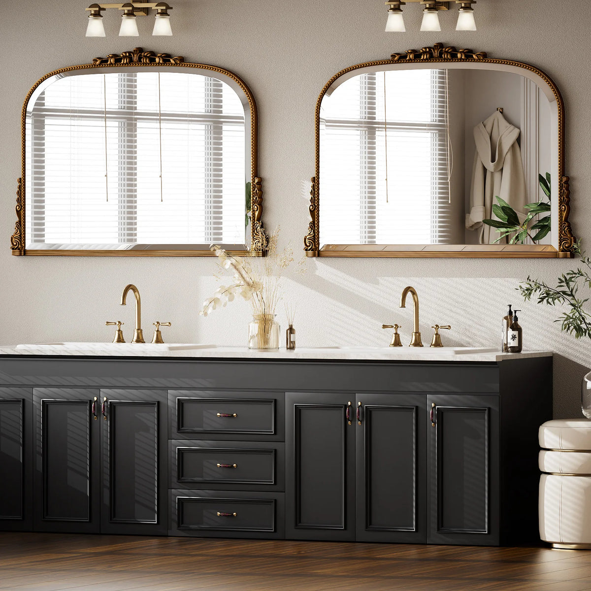 miroir salle bain bois naturel vintage classique motifs dorés vis fixations chambre