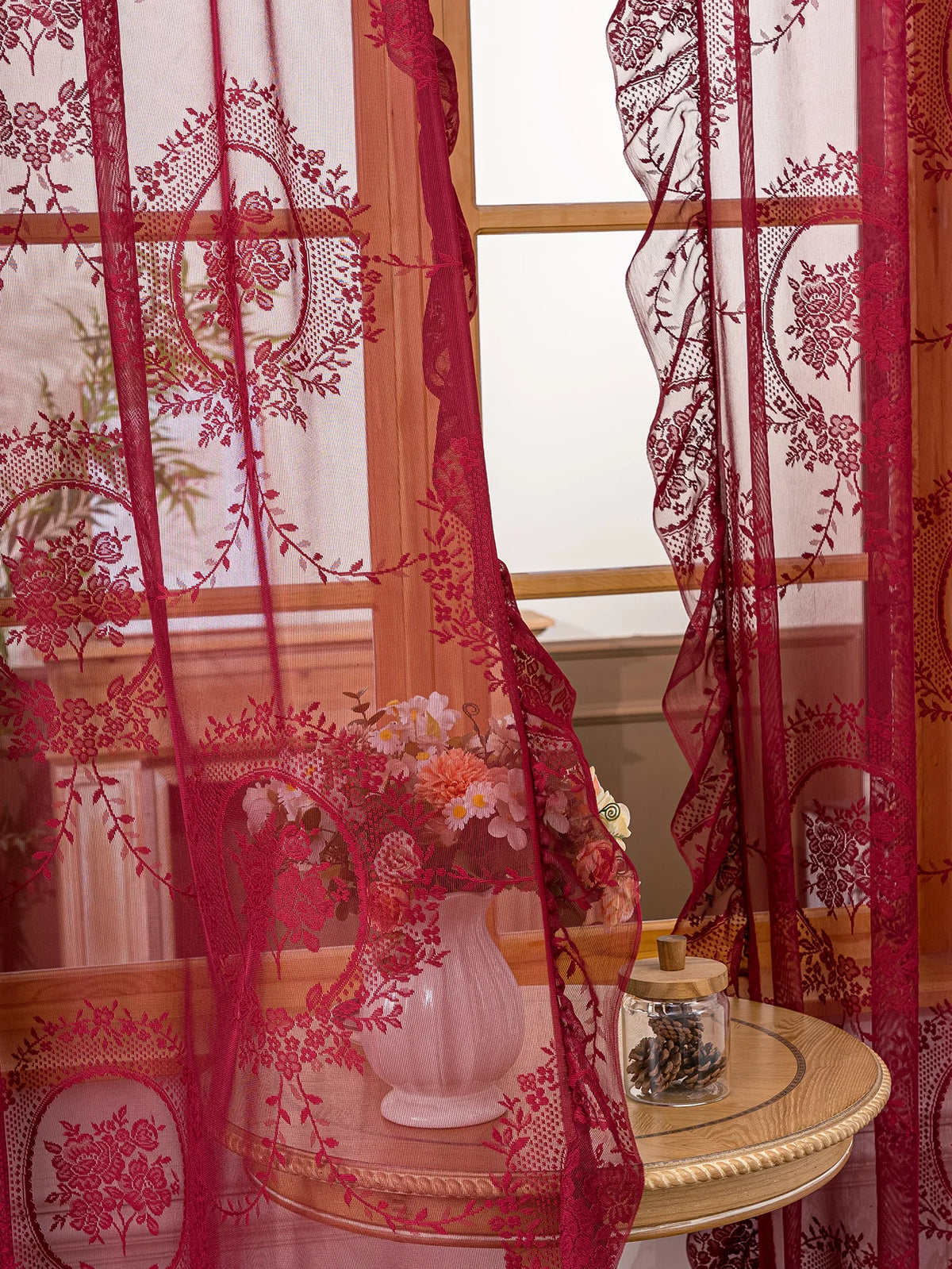 rideau brodé fleurs rouge classique transparent décoration intérieure maison pastorale 140x200cm