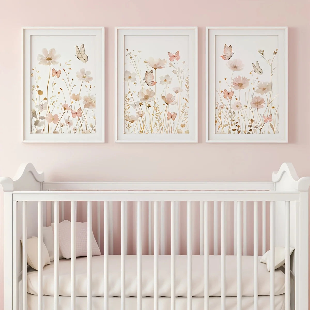 tableaux toile imprimés motifs fleurs papillons moderne minimaliste blanc beige rose pâle sans cadre