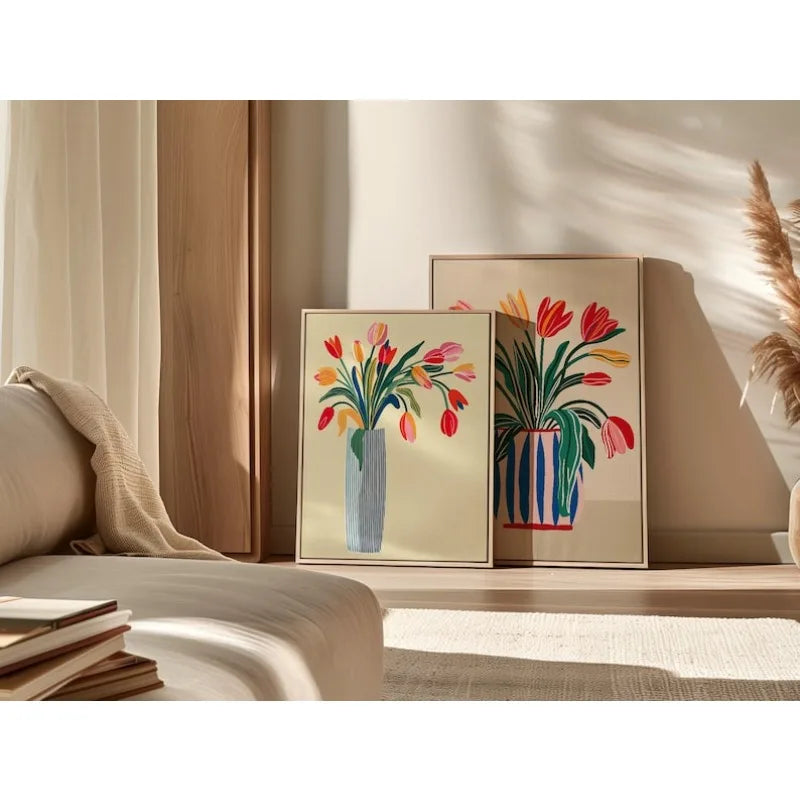 affiche moderne tulipes vase rayé salon chambre toile imprimée sans cadre couleurs vives unique