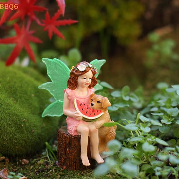 figurine fée jardin miniature chien ailes translucides couleurs pastel couronne fleurs féerique