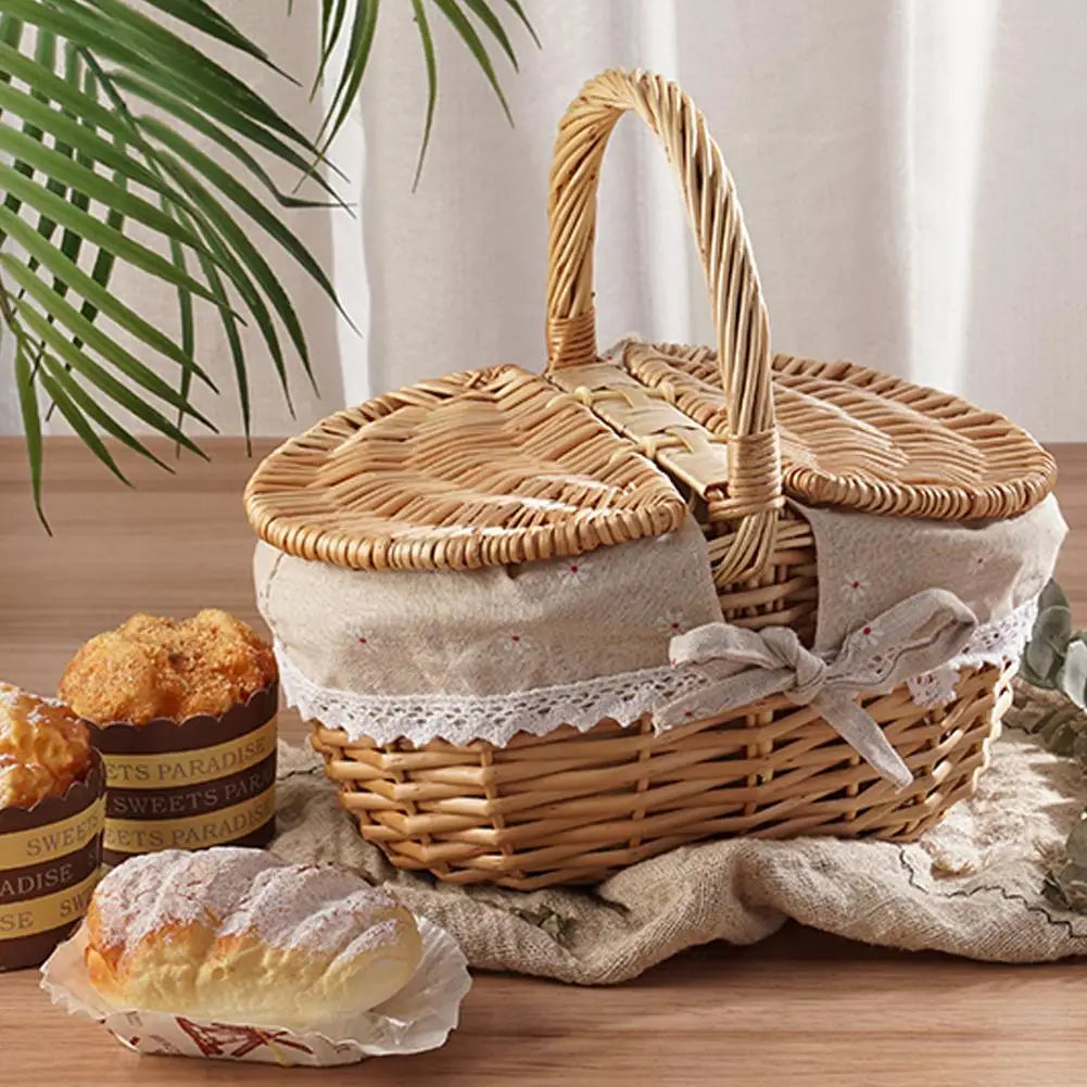 panier tressé osier rustique couvercle double pique nique provisions muffins brioche nappe carreauxextérieur rangement