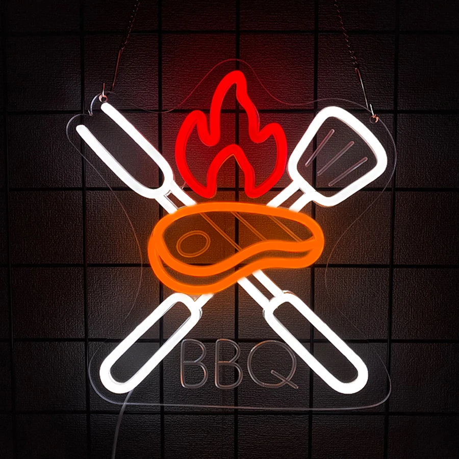néon lumineux barbecue steak fourchette couteau flamme porc kebab rouge blanc moderne fixations murales