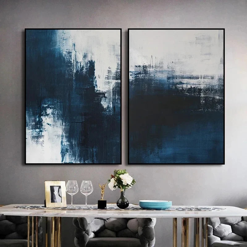tableaux abstraits modernes bleu foncé blanc gris impression toile sans cadre aquarelle vertical decoration