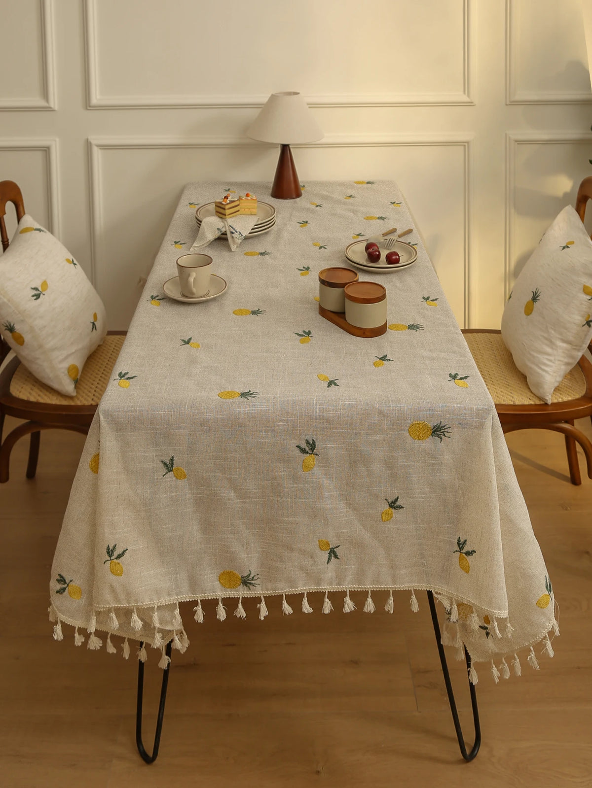 nappe table brodée citrons jaunes vertes rustique printemps été linen polyester réutilisable maison festives
