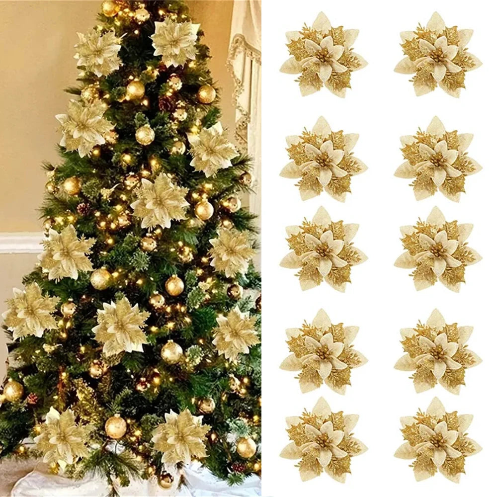 décoration fleurs artificielles poinsettia rouge doré blanc brillant arbre noël fête maison