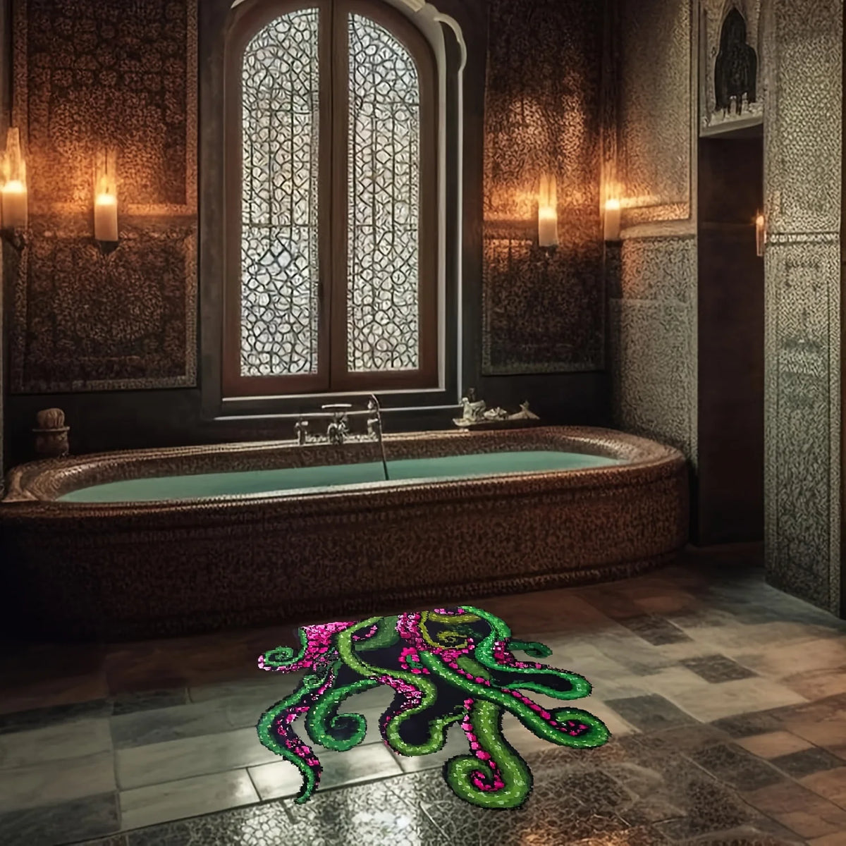 tapis vert rose noir tentacules octopus moderne durable résistant salle bain cuisine