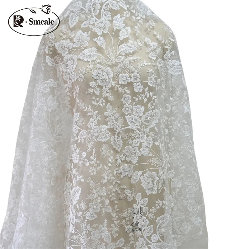 tissu dentelle floral brodé blanc translucide coton polyester bricolage robes mariage fournitures