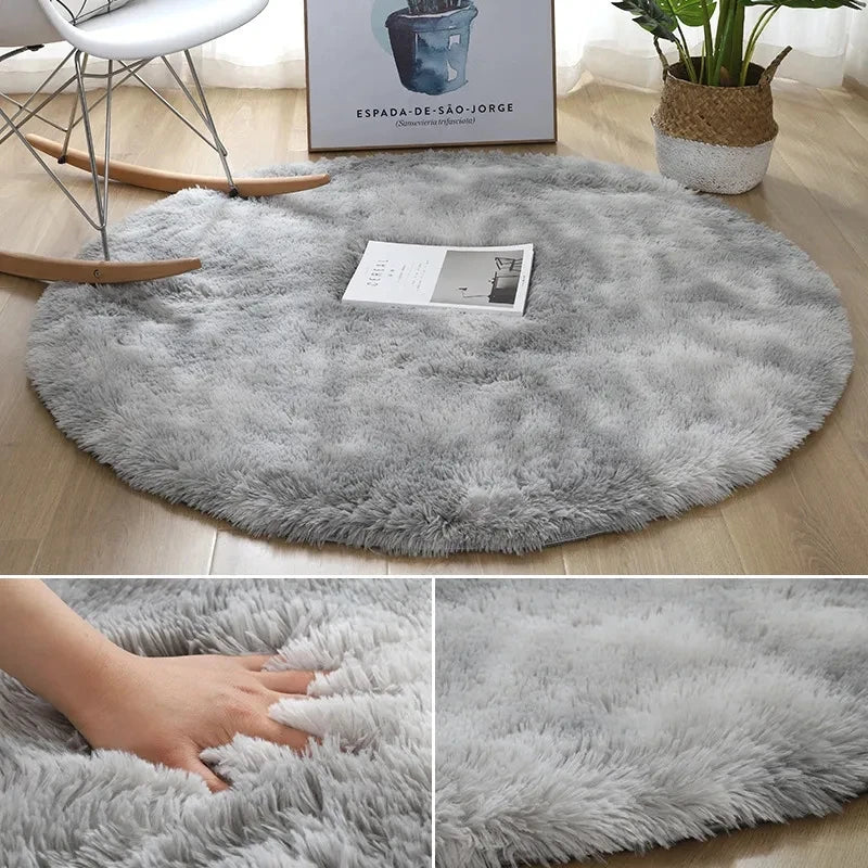 tapis rond peluche douce polyester antidérapant moderne rose clair gris blanc chambre salon