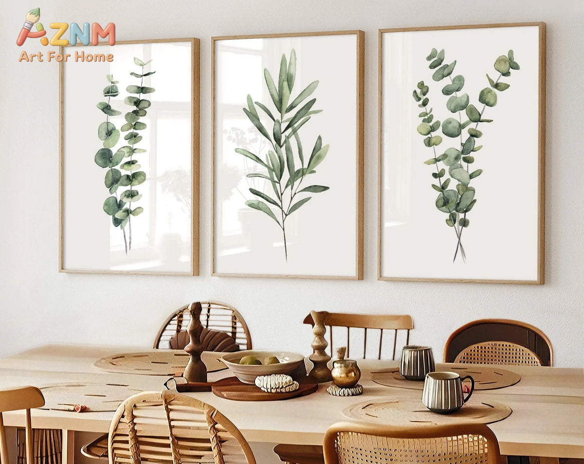 affiches minimalistes feuilles eucalyptus vert blanc decoration salon chambre cuisine 30x40cm 40x50cm 50x70cm