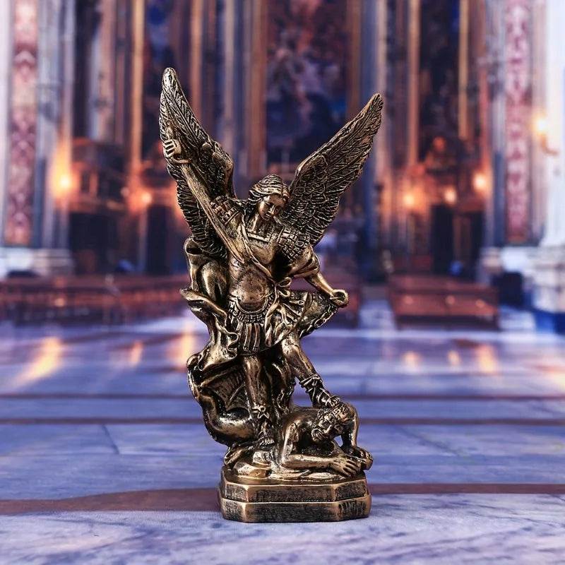 statue saint michel bronze ailes déployées démon religieuse classique 13cm haute qualité détails sculptural