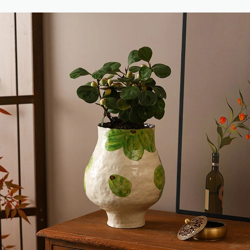vase moderne peinture abstraite blanc bleu vert jaune artisanal fleur table decoration piece