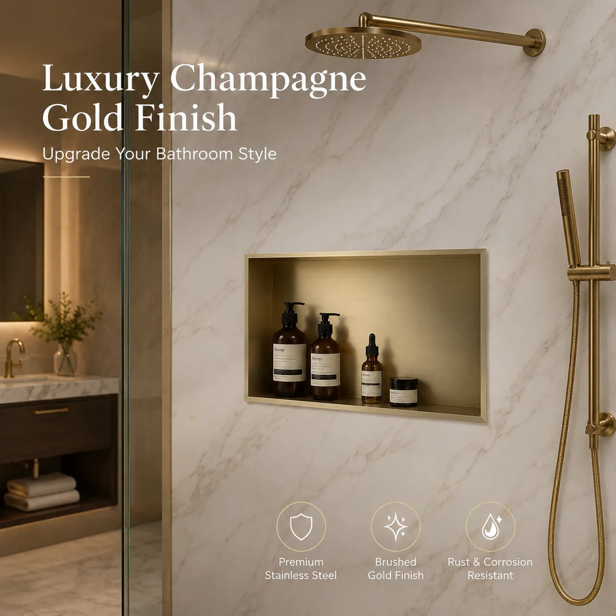 niche douche acier brossé champagne doré moderne résistante rouille rangement salle bain