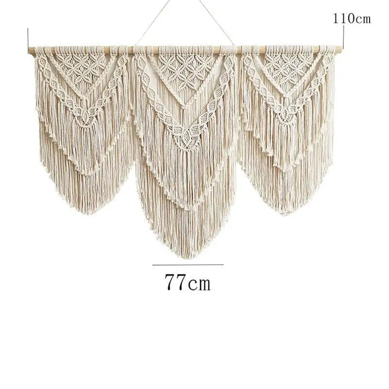 rideau macramé boho chic franges motifs géométriques beige clair lavage main