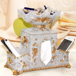 boîte mouchoirs baroque or ornements roses fleurs blanches smartphone parfum télécommande translucent