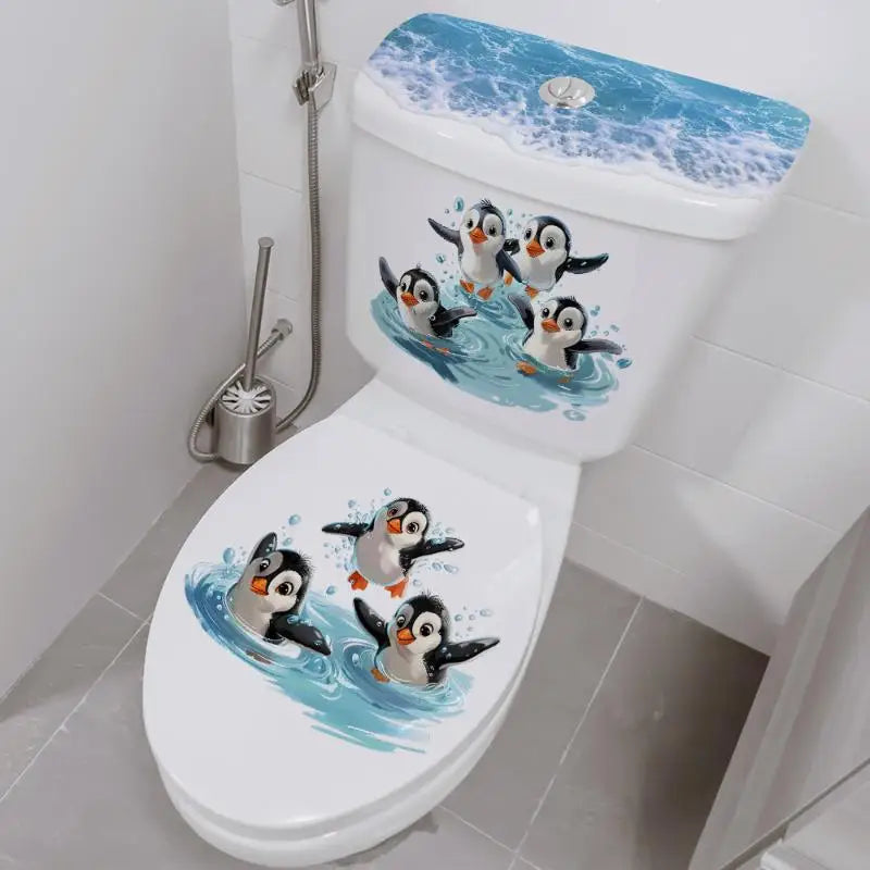 sticker decoratif toilette pingouins nageurs vague bleu blanc orange illustration adhesif salle bain maison
