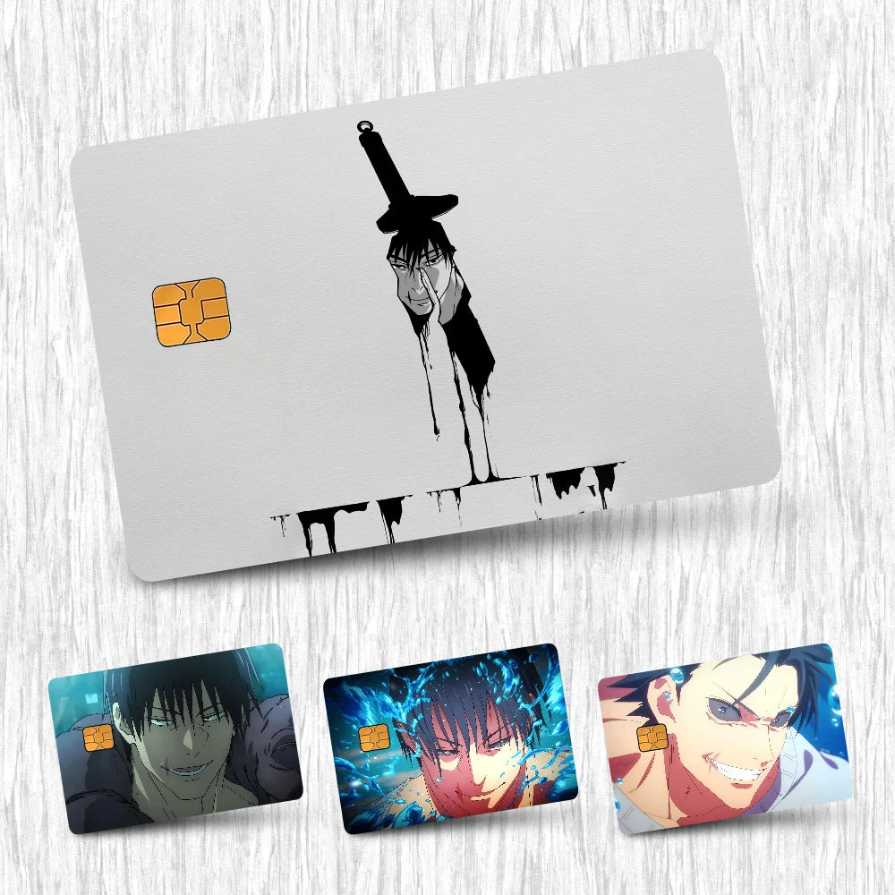 cartes crédit personnalisées adhésives anime fushiguro épée motif abstrait moderne blanc noir orange