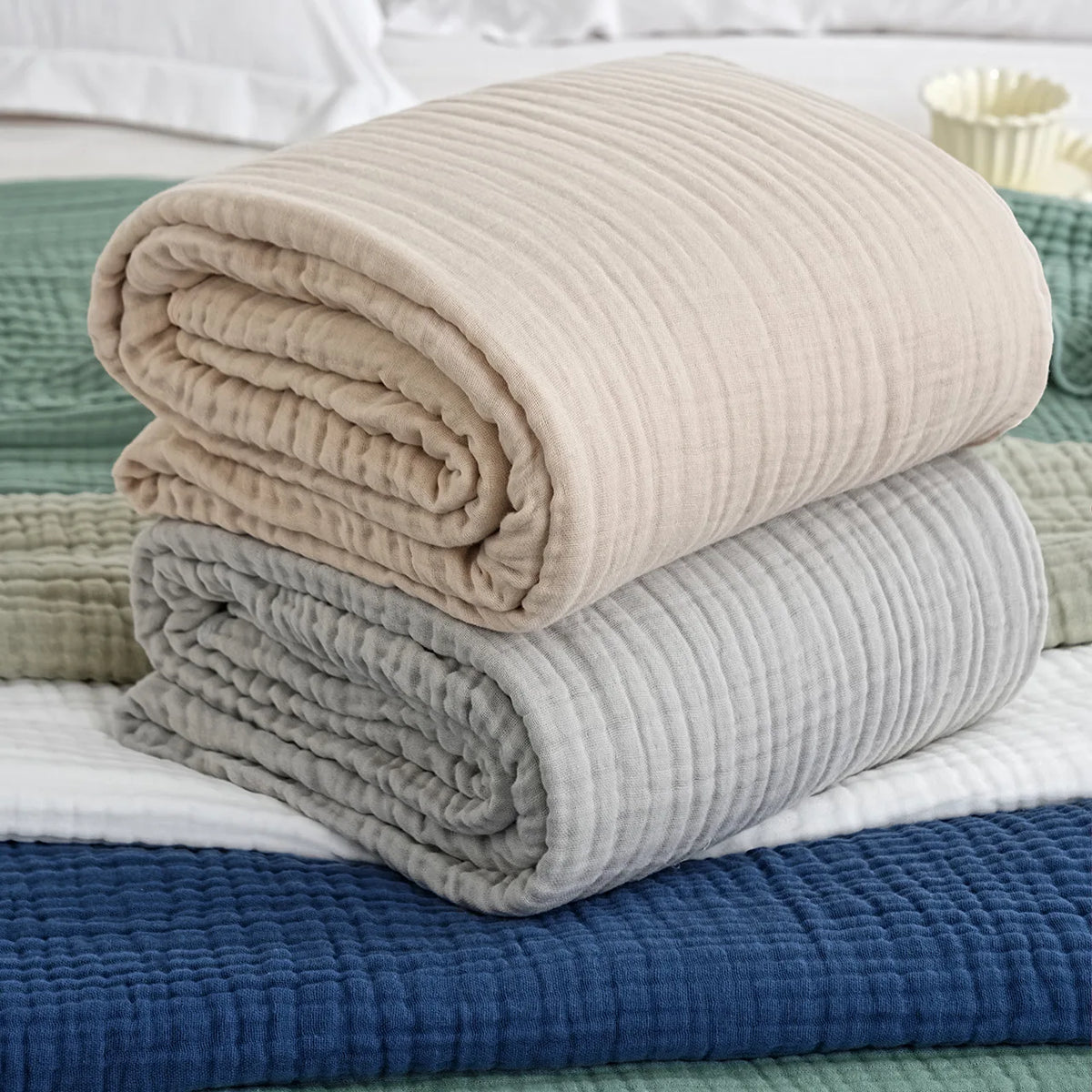 couverture coton pur plissée beige clair grande couverture lit douce maison