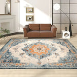 Tapis oriental coloré avec motif floral central dans un salon moderne avec canapé en cuir brun.