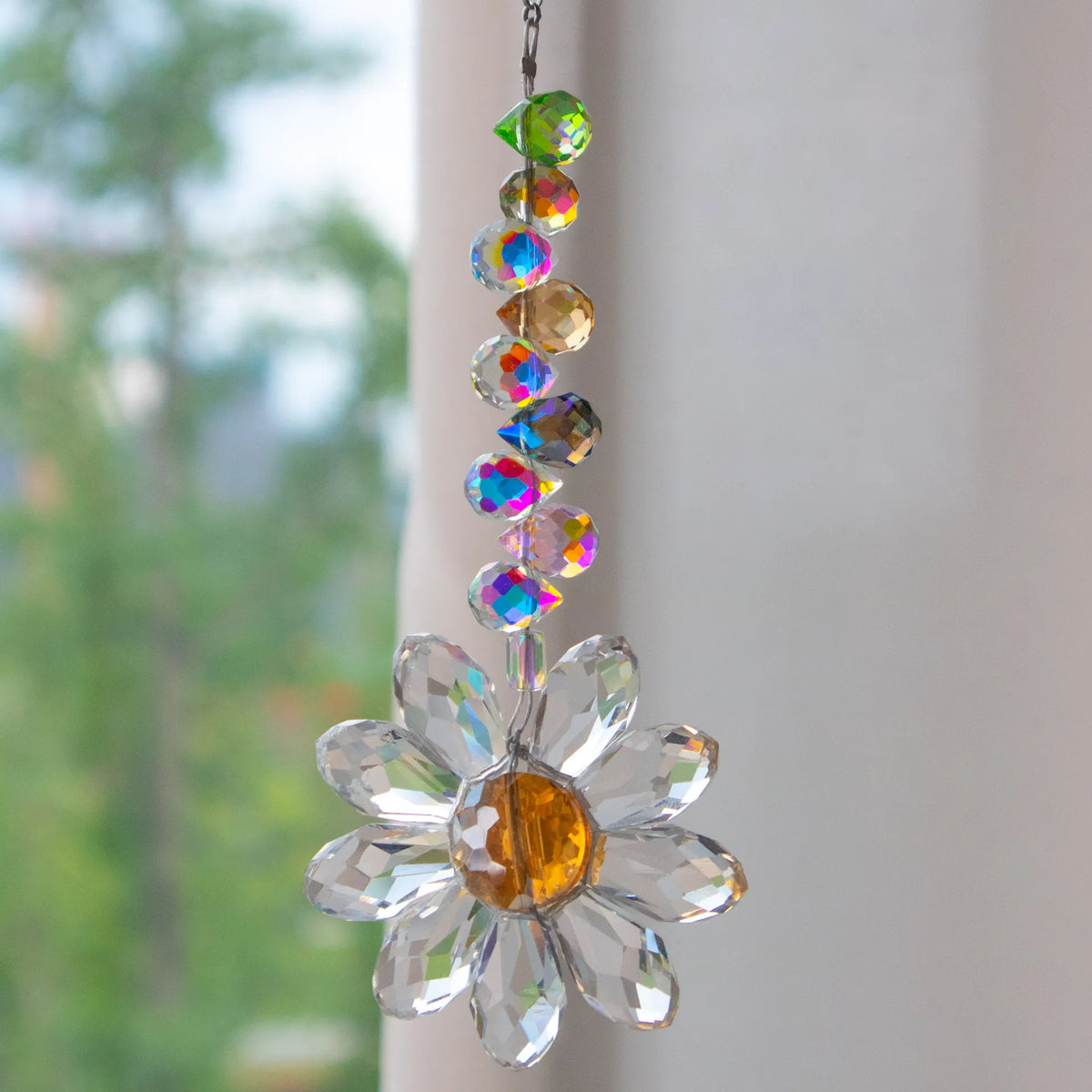 mobile décoratif cristal transparent métal doré cloches chaînes décoration fenêtre jardin intérieur moderne géométrique
