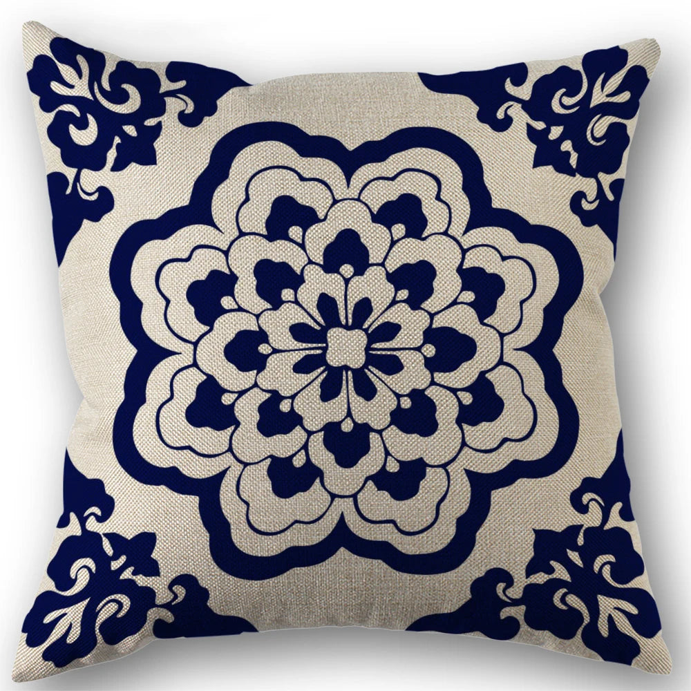 coussins carrés motif floral géométrique vintage bleu marine beige opacité décorative salon voiture