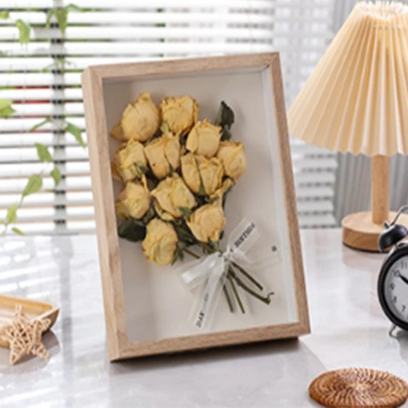 cadre fleur séchée verre transparent rose feuille satin romantique chambre salon
