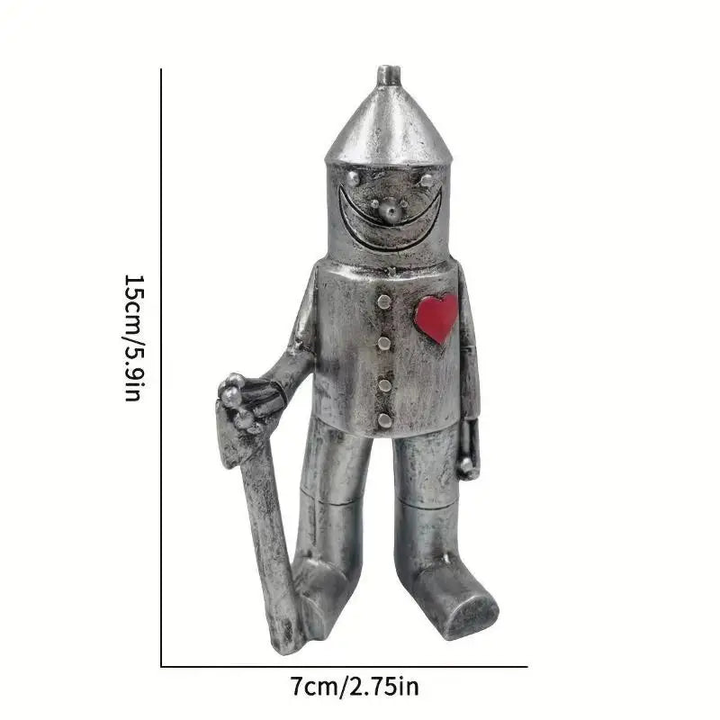 statue jardin résine robot argenté texture vintage souriant hache coeurs éléments