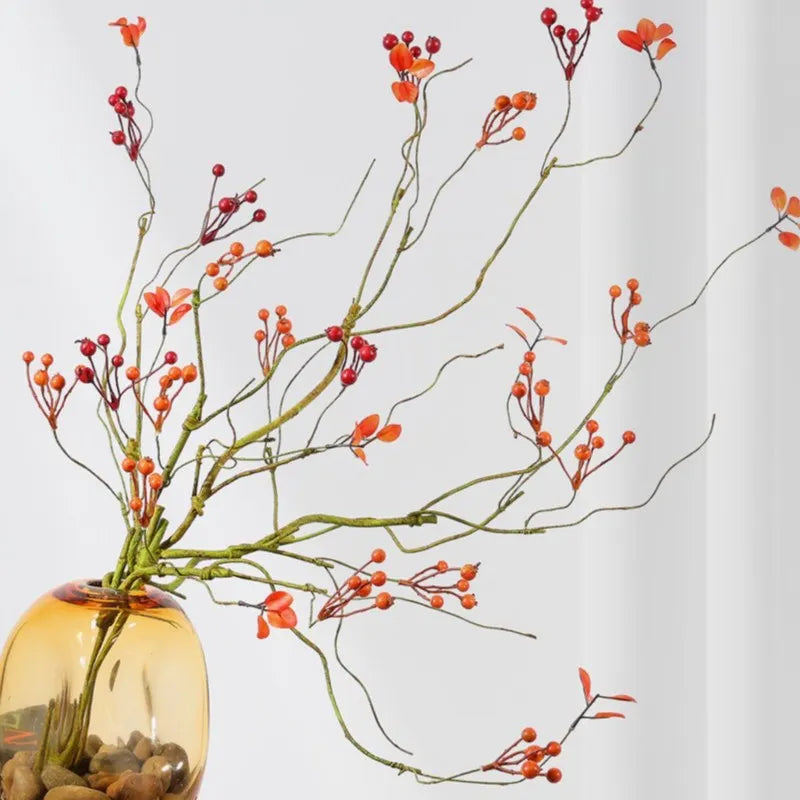 décoration intérieure branche artificielle feuilles automne baies rouges vert ornement hiver naturel rustic maison