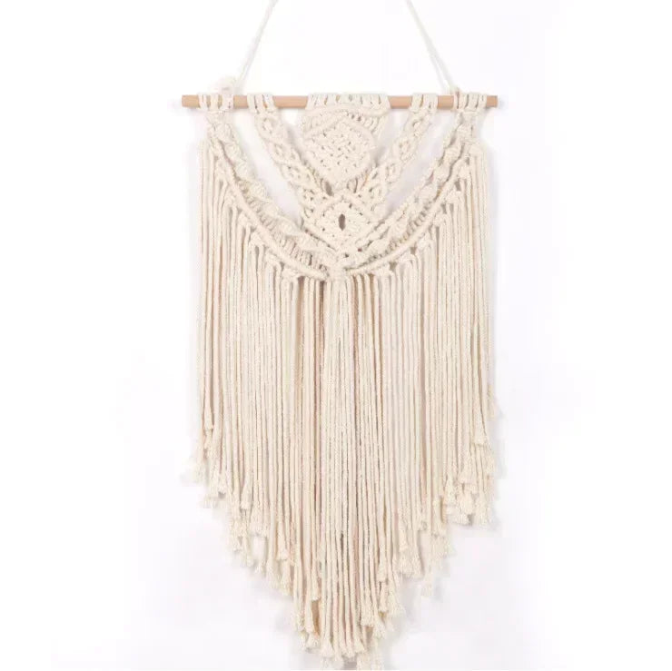 tapisserie macramé boho chic beige motifs géométriques franges moderne suspension maison