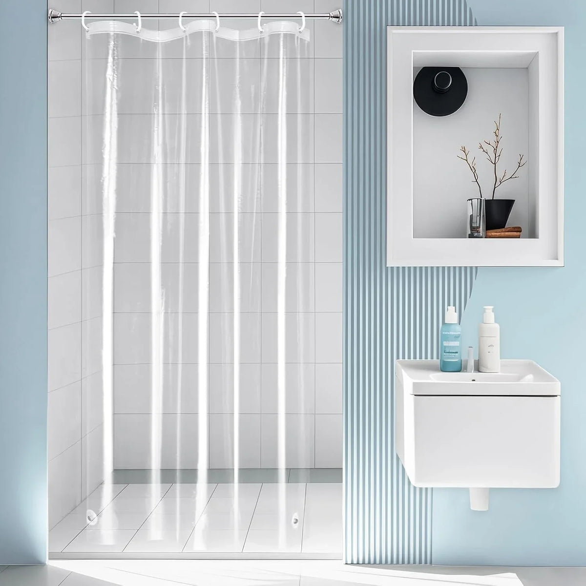 rideau douche transparent moderne 90x180cm blanc uni aimants lestés respectueux environnementôtelles antirouille