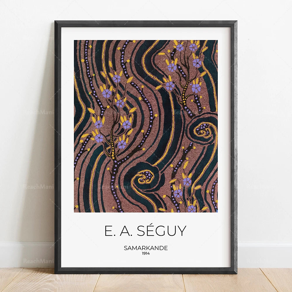 Une œuvre de style art nouveau avec des motifs floraux stylisés en tons sombres et chauds, créée par l'artiste E.A. Séguy en 1914.