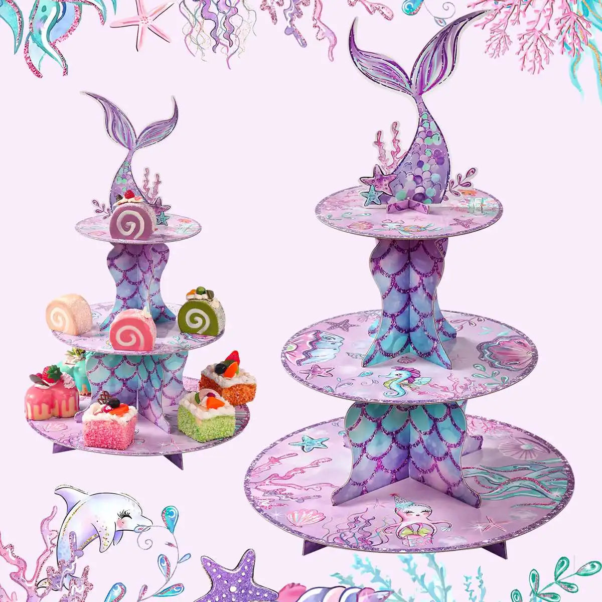 supports gâteaux sirène thème océan couleurs violette bleu verte rose figurines poissons coraux