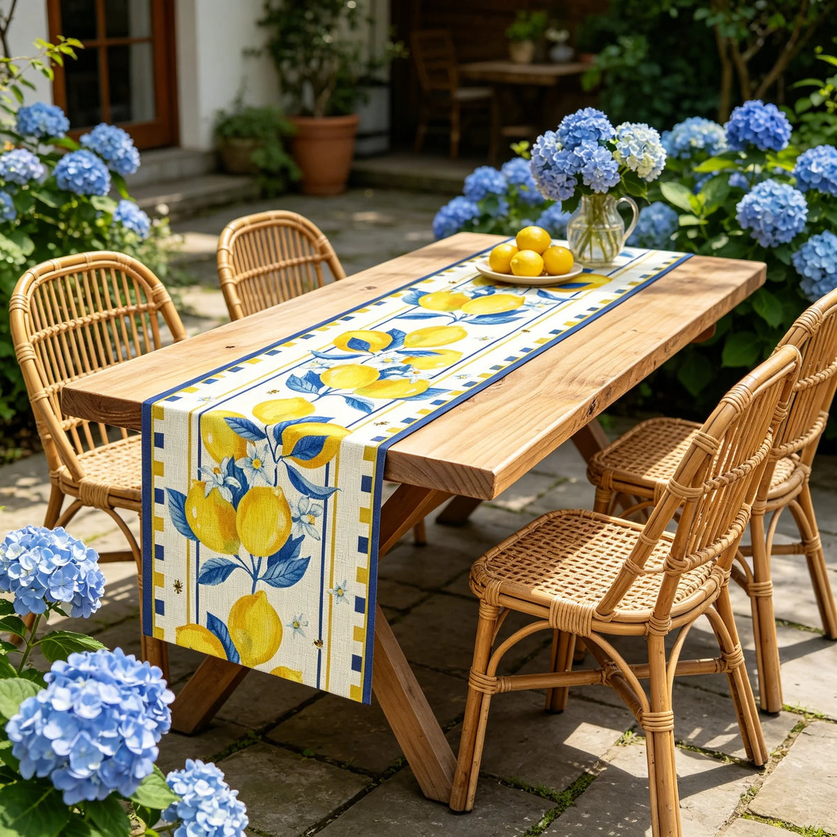 chemin table citron abeille été blanc jaune bleu décoratif rustique table maison noël halloween