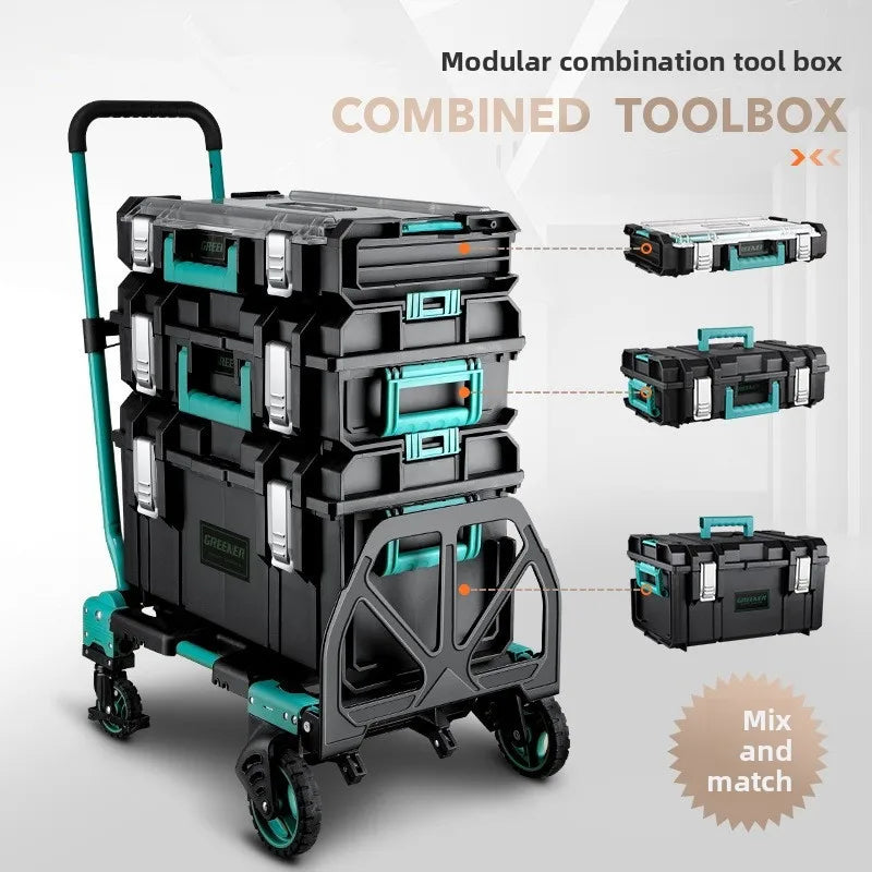boîte outils modulaire noire verte pratique robuste poignées roulettes empilable grande capacité