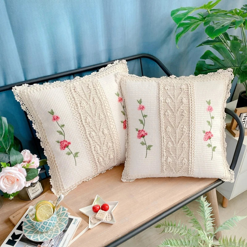 housses coussins motif floral vintage texture tissée polyester 45x45cm beige décor maison voiture nordique