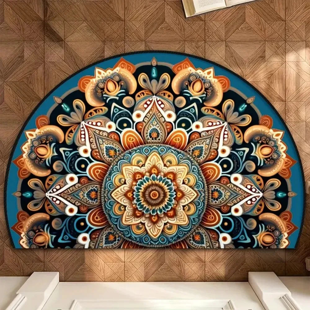 tapis demi rond motif floral imperméable polyester bohème oriental extérieur intérieur absorbant