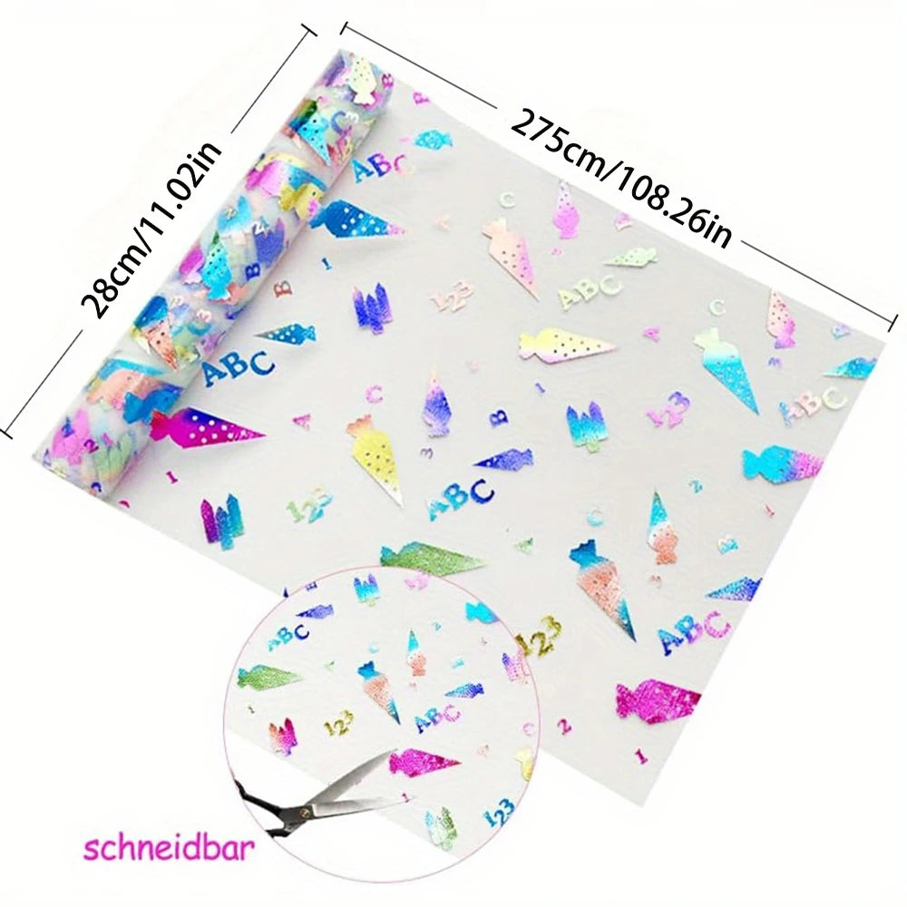 papier decoratif multicolore alphabet chiffres formes enfantines iridescent festif 28cm 500cm