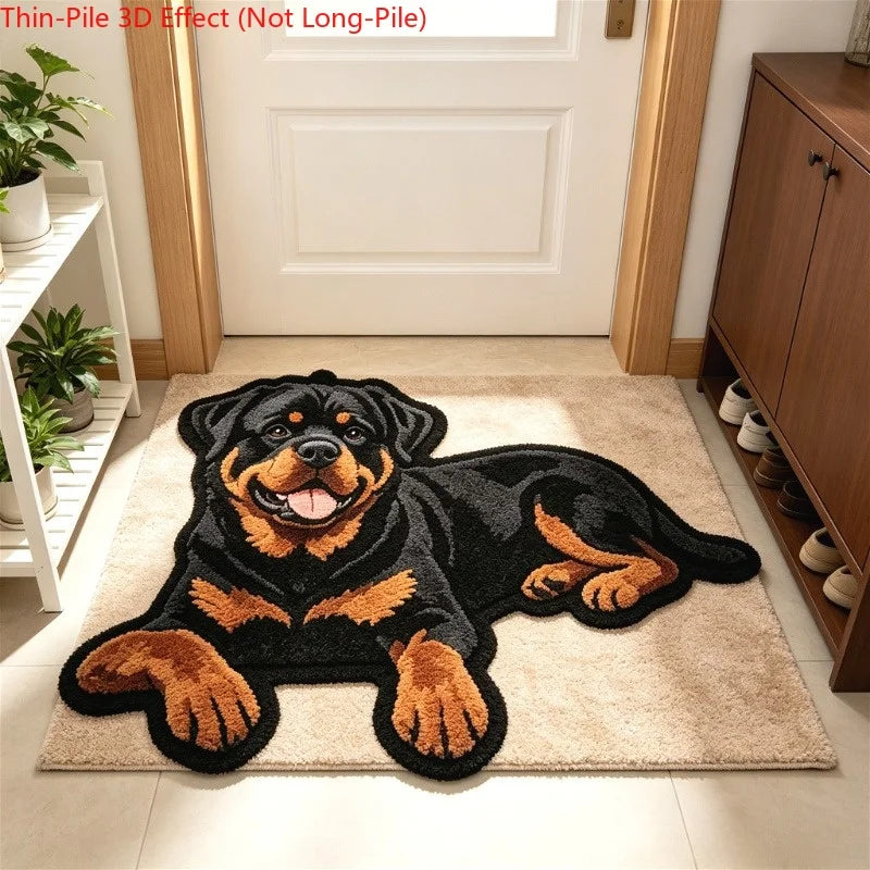 tapis d'entrée moderne imprimé chien fleurs résistant taches gris blanc noir
