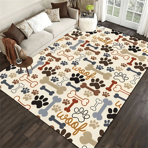 tapis sol antidérapant motif pattes chien beige noir salon chambre décoratif peluche doux moderne