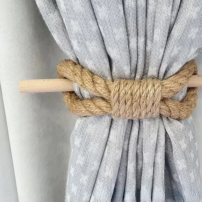 anneaux rideau bois corde torsadée tissu chanvre gris clair beige blanc rustique
