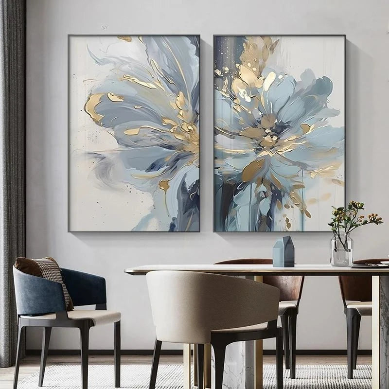 tableaux decoratifs abstraits florals bleu doré moderne salon chambre