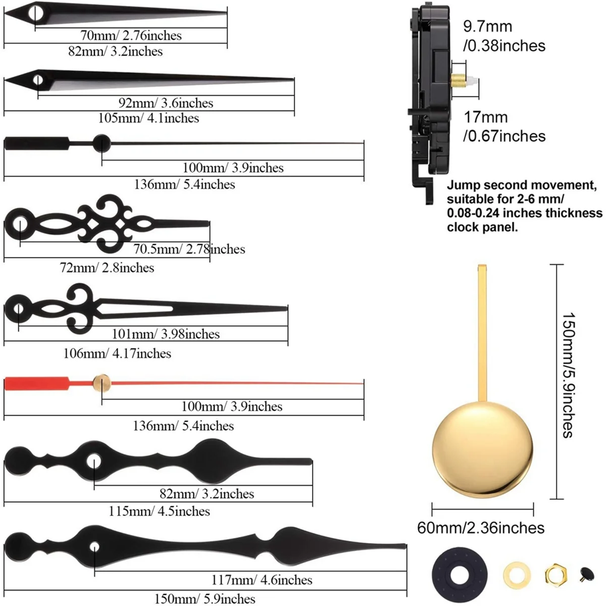 kit horloge quartz diy aiguilles noires or rouges métal brillant vintage batteries poids pendule
