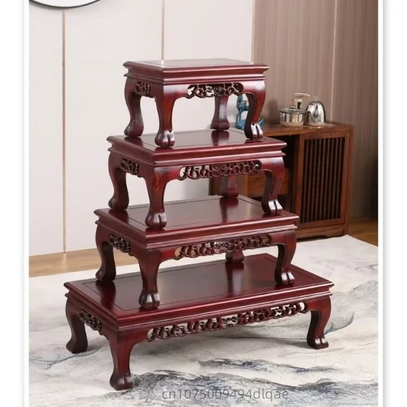 présentoir bois sculpté marron motifs complexes reliefs plantes bonsaï vases fleurs théière tasses déco