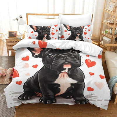 Housse de couette Bouledogue français 90x200 en microfibre beige sur un lit