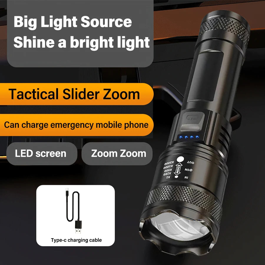 lampe torche rechargeable led noire intense camping 500m éclairage texturée rainures modernisée robuste