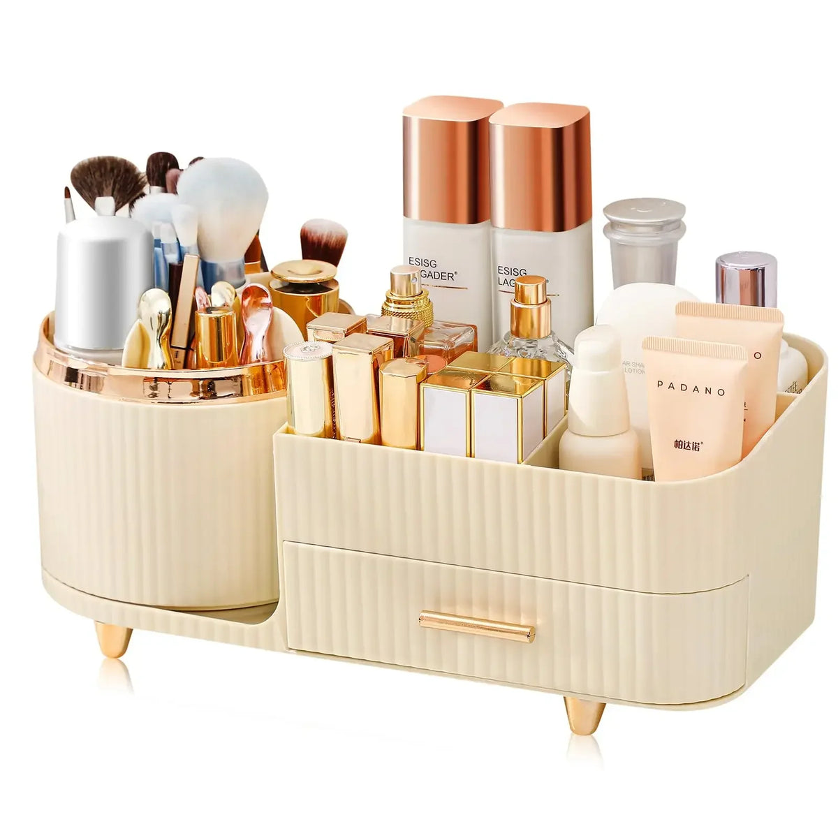 organisateur maquillage multifonctionnel vert clair rayures moderne élégant pieds dorés crème hydratante fond teint