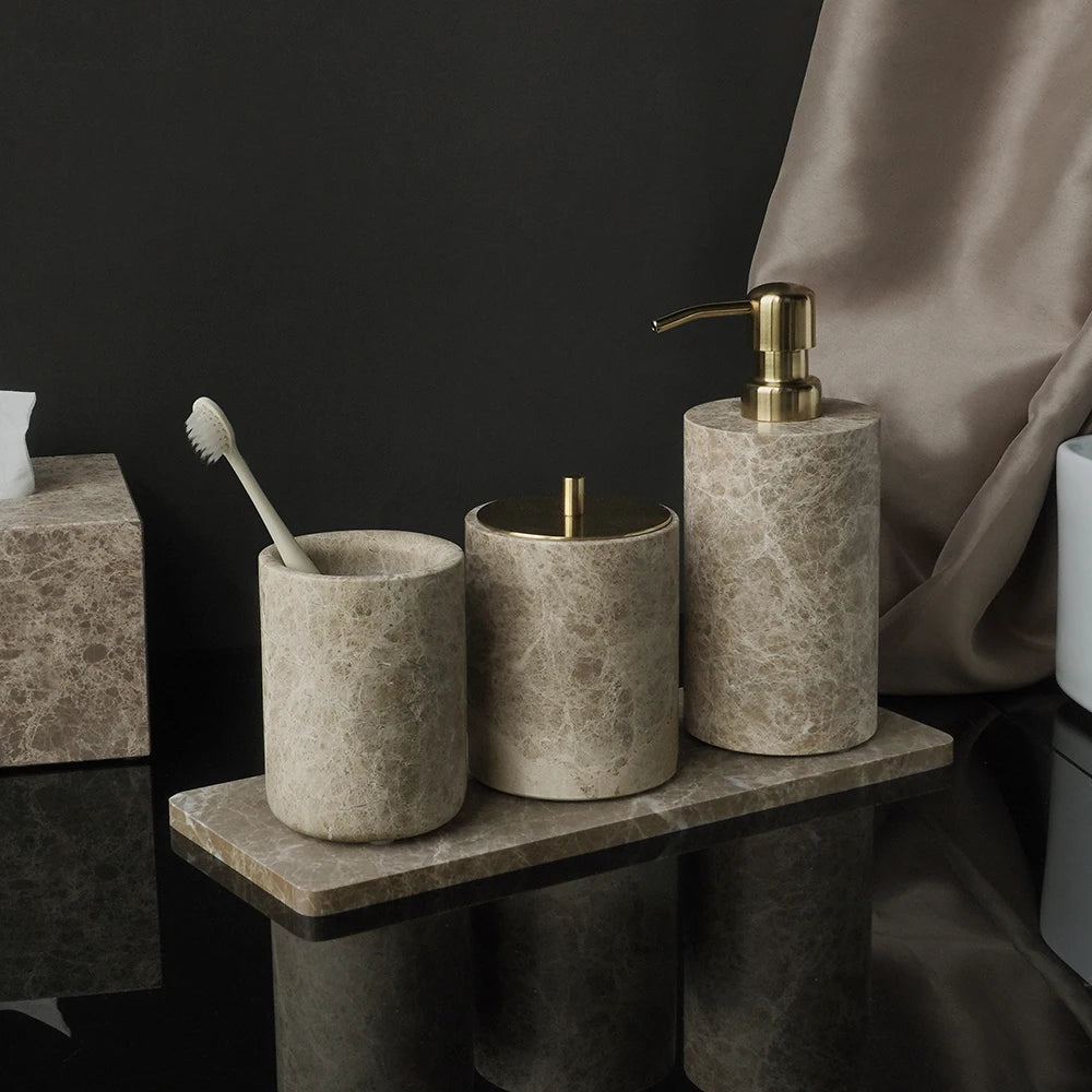 ensemble bain marbre moderne distributeur savon boîte mouchoirs pot crème dentifrice plateau oval brosse
